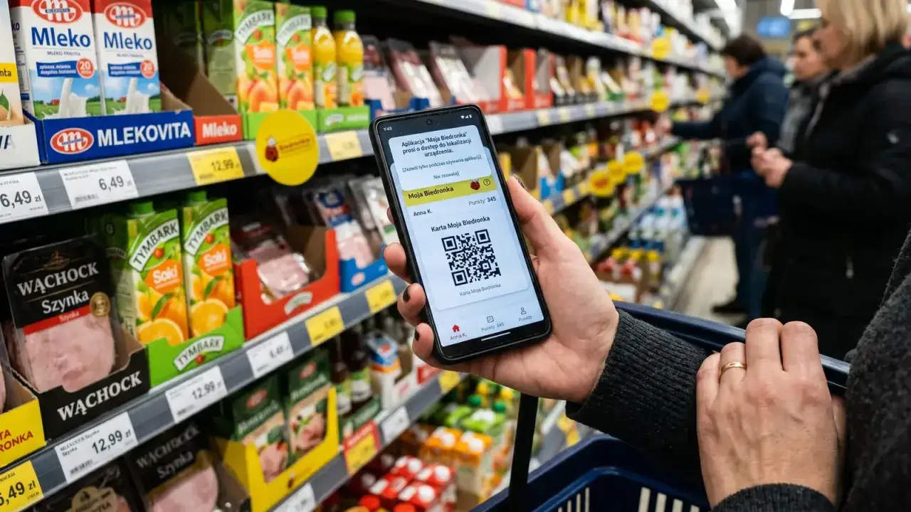 Klientka w sklepie z aplikacjami na telefonie pokazuje kod QR z karty Moja Biedronka, gotowa do zakupów.