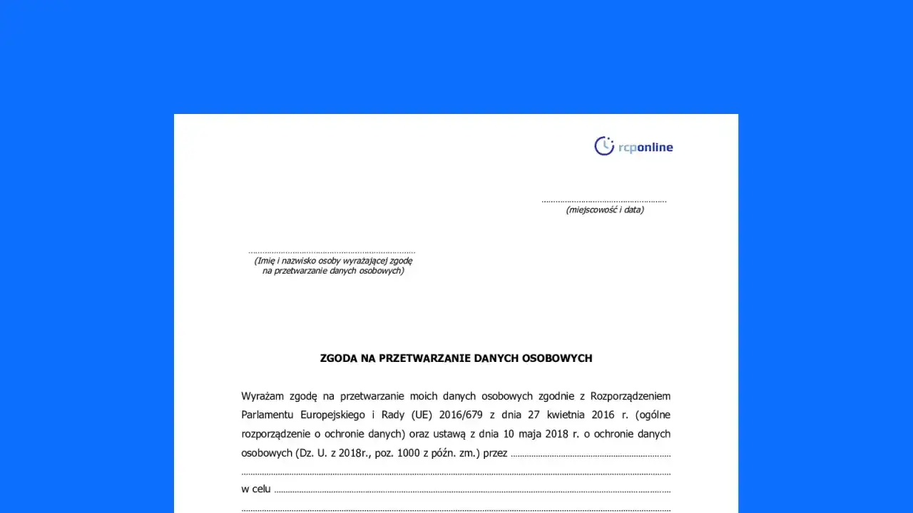 Formularz zgody na przetwarzanie danych osobowych, zawierający pole na imię i nazwisko, miejscowość i datę, oraz tekst o zgodzie na przetwarzanie danych zgodnie z RODO.