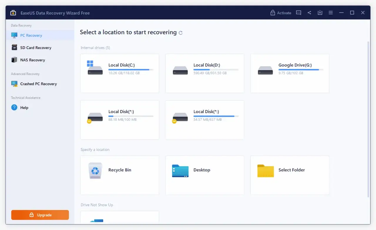 Interfejs programu EaseUS Data Recovery Wizard Free, gdzie użytkownik wybiera lokalizację do odzyskania danych, np. dysk C: lub Google Drive. Program ten, jak dr fone, pomaga odzyskać utracone pliki.